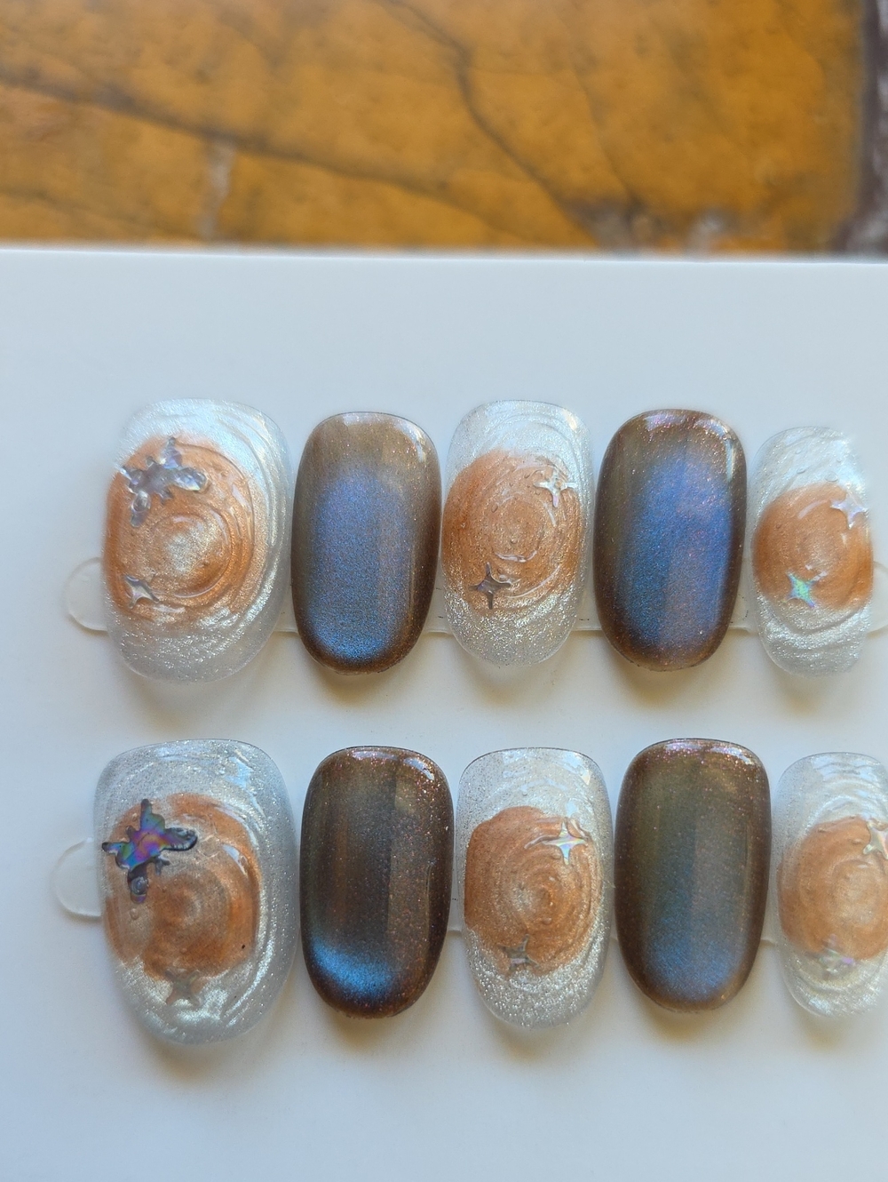 Handcrafted Iridescent Brown & Silver Press-On Nail Set Size Large
